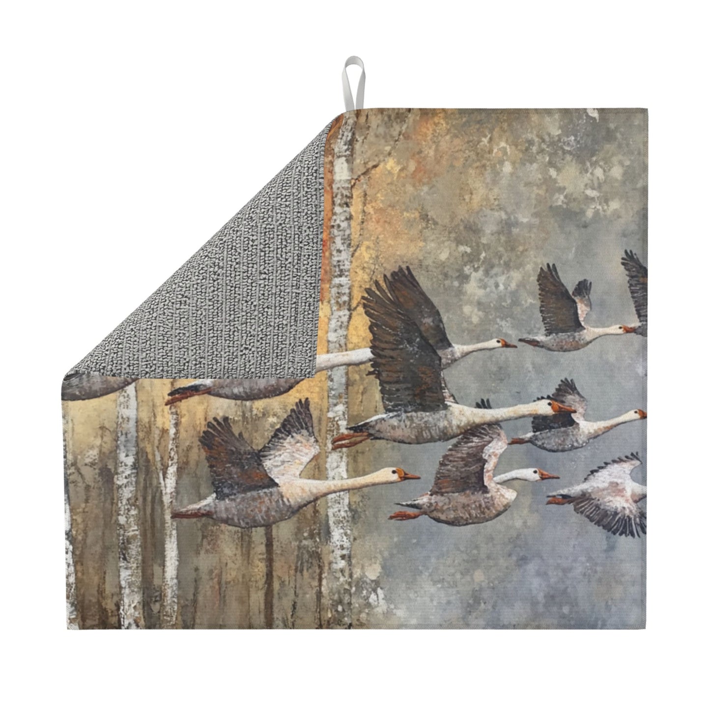 Flying Geese Forest Print Kitchen Towel – Multi-Use Microfiber Hanging Cloth for Wall Art or Drying (16x24 inches)