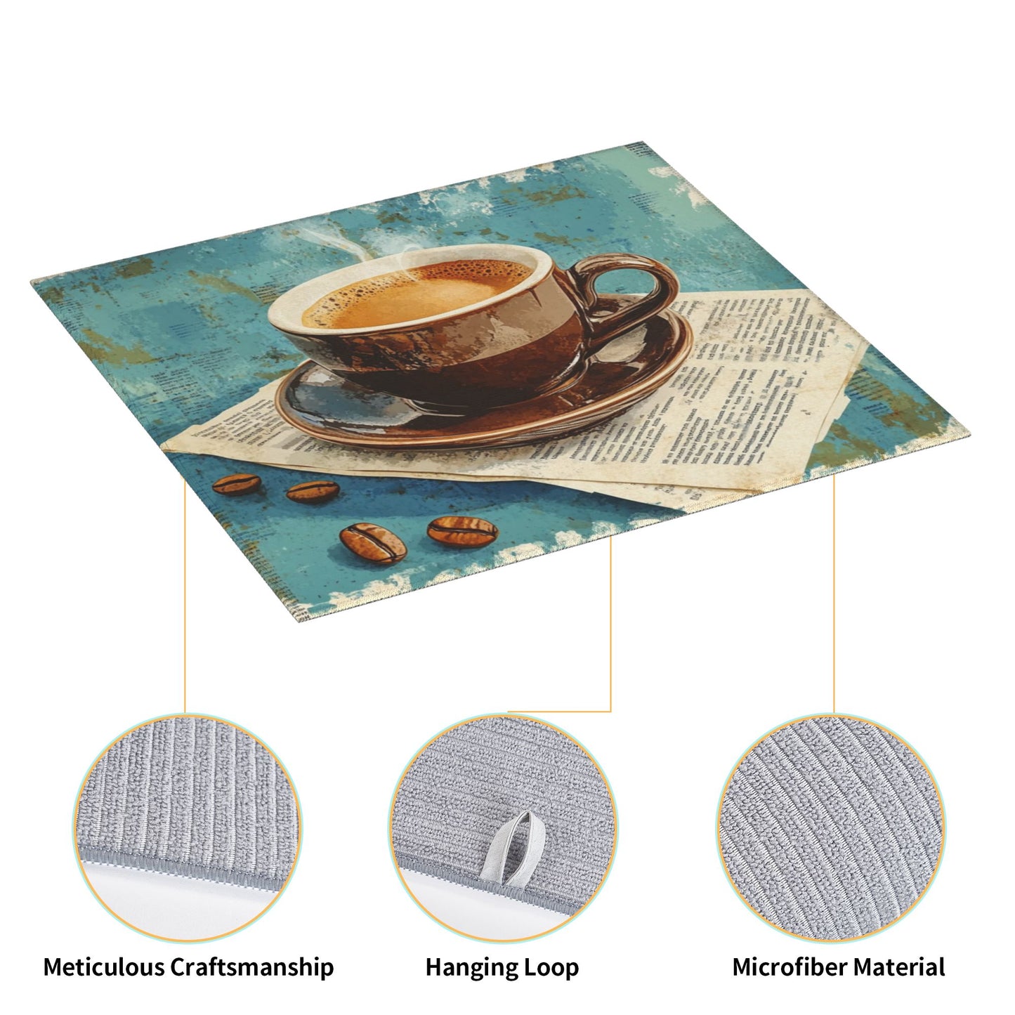 Vintage Coffee Cup Kitchen Towel – Retro Café Style Hanging Cloth (16x24 inches)
