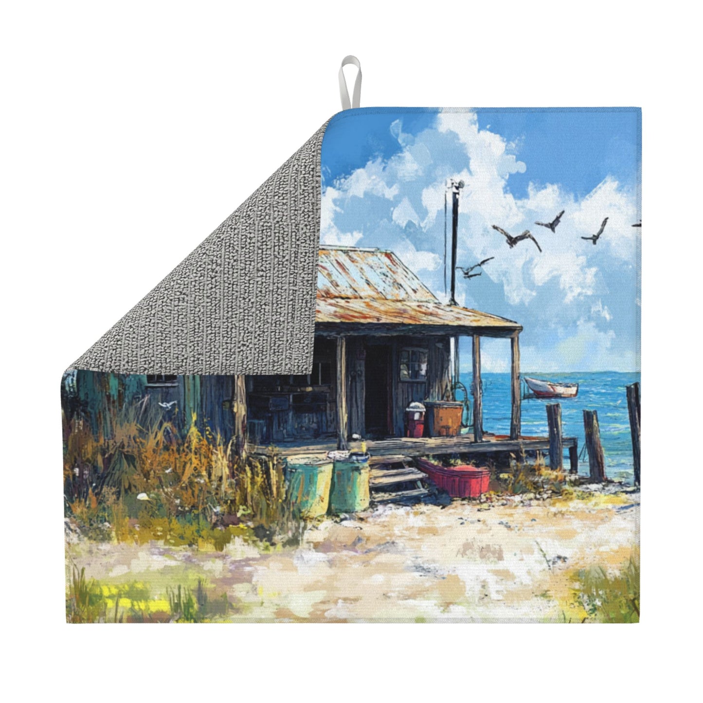 Vintage Seaside Cabin Kitchen Towel – Rustic Coastal Microfiber Wall Hanging Cloth (16x24 inches)