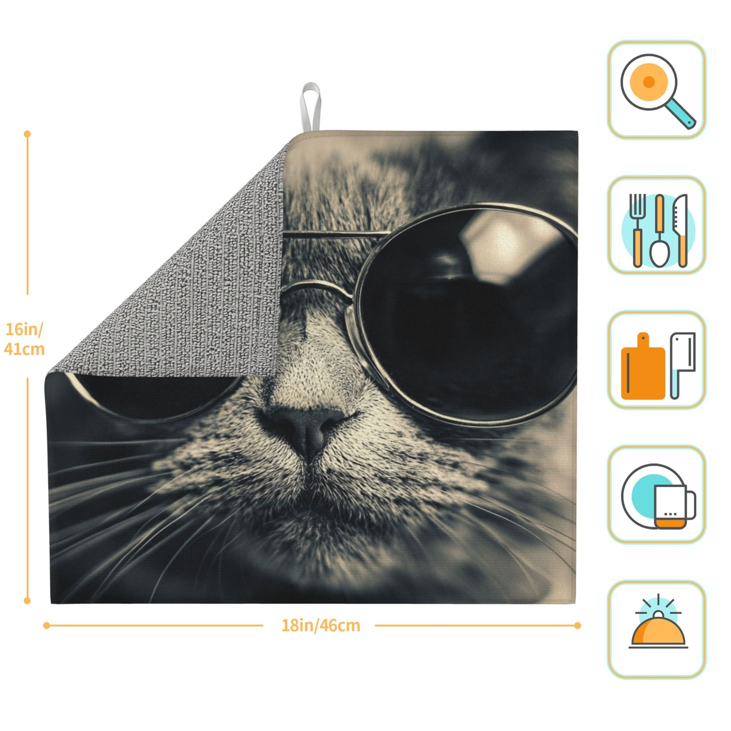 Cool Cat with Sunglasses Kitchen Towel – Stylish Microfiber Hanging Cloth for Drying or Wall Art (16x24 inches)