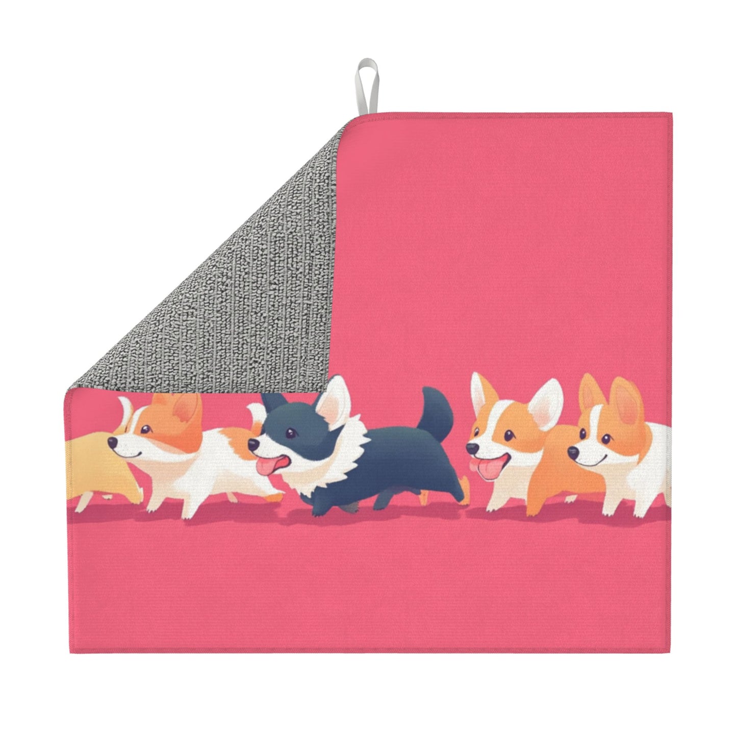 Cartoon Corgi Parade Kitchen Towel – Cute Microfiber Towel with Hanging Loop (16x24 inches)