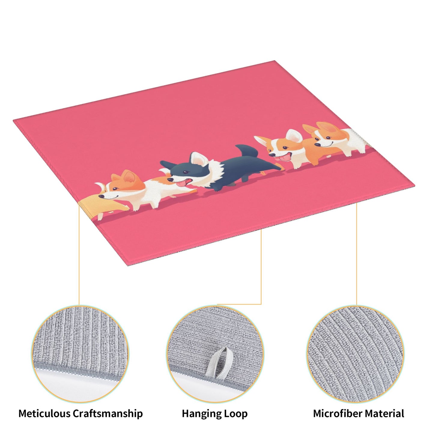 Cartoon Corgi Parade Kitchen Towel – Cute Microfiber Towel with Hanging Loop (16x24 inches)