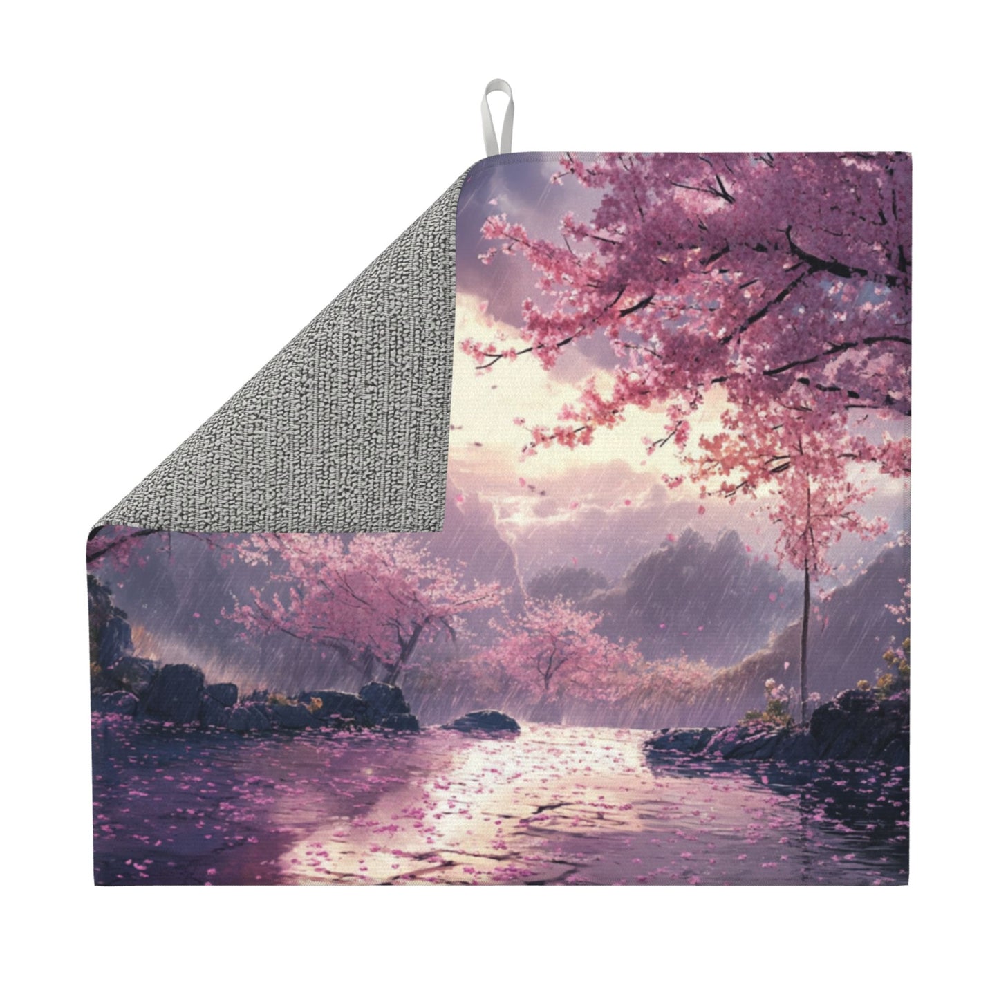 Cherry Blossom Rain Valley Microfiber Towel – Artistic Kitchen Cloth or Wall Hanging (16x24 inches)