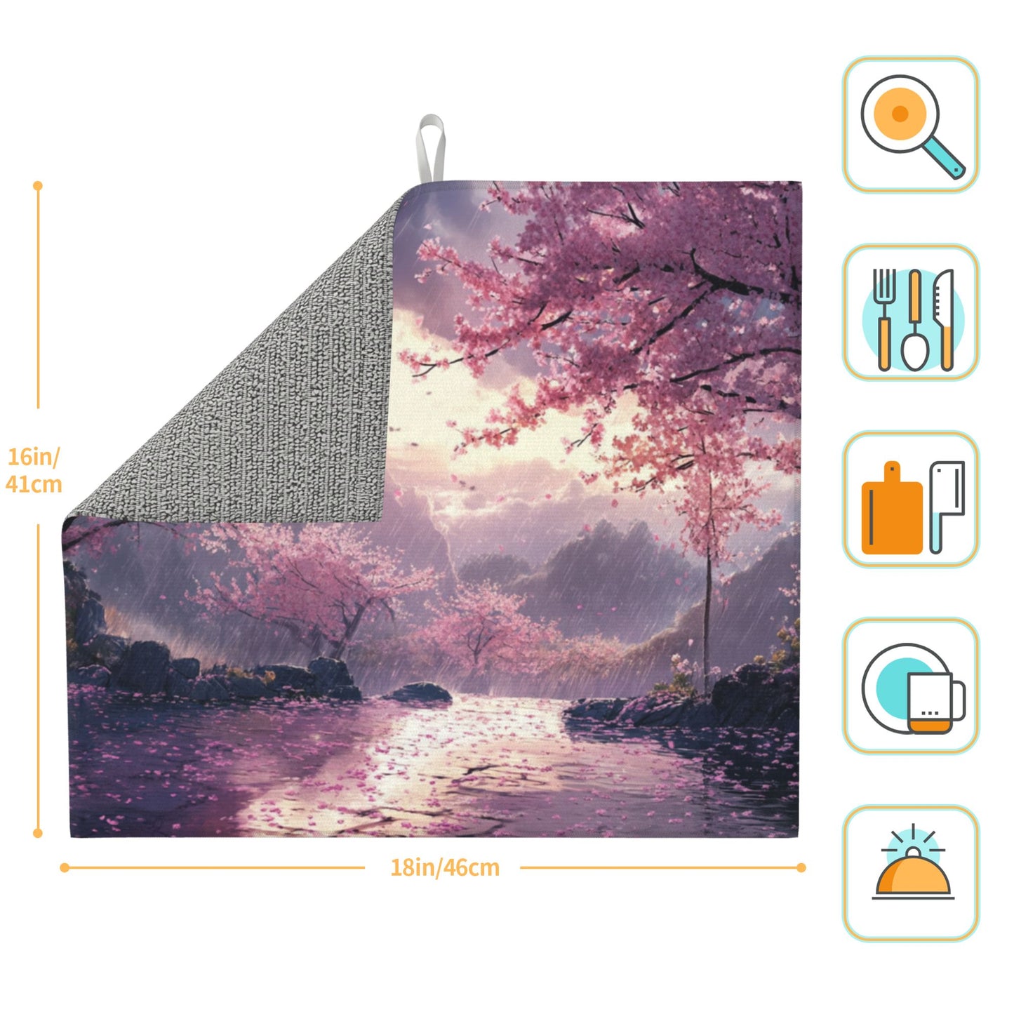 Cherry Blossom Rain Valley Microfiber Towel – Artistic Kitchen Cloth or Wall Hanging (16x24 inches)