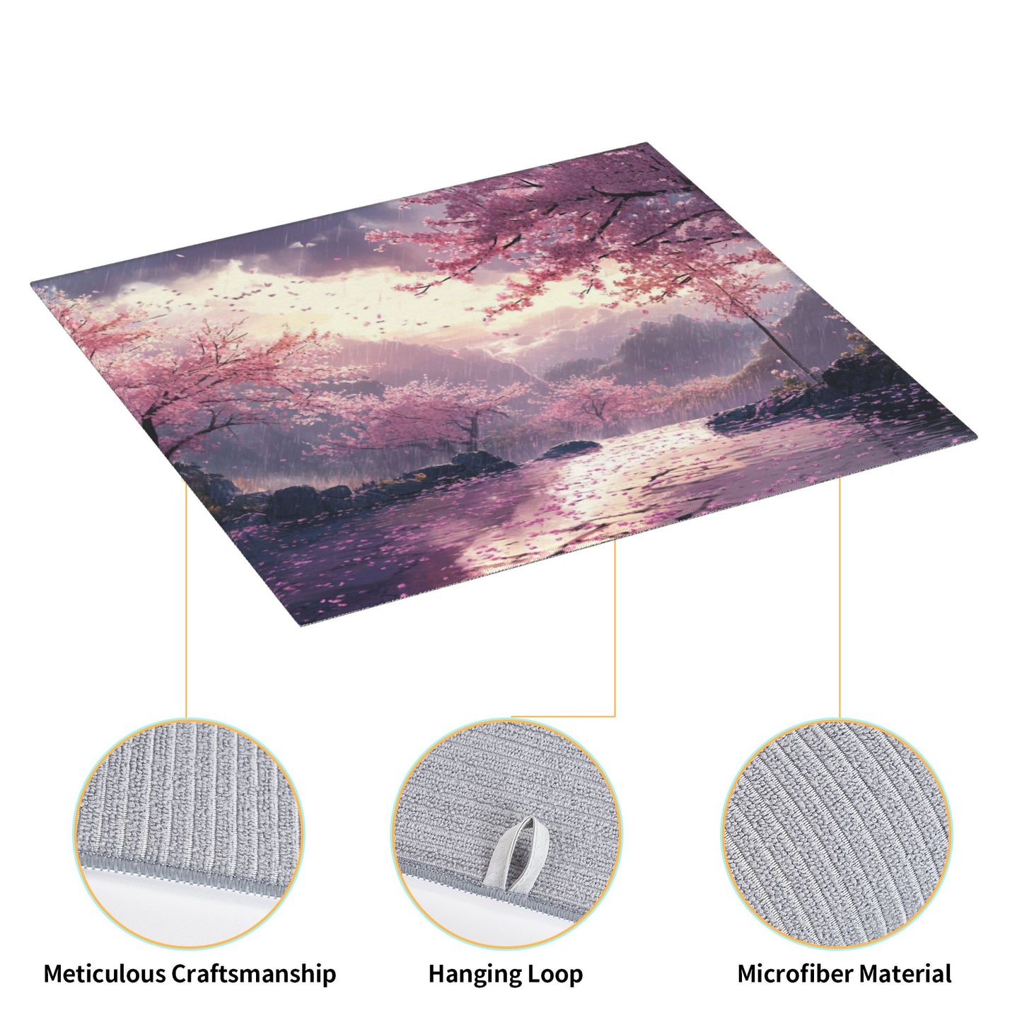 Cherry Blossom Rain Valley Microfiber Towel – Artistic Kitchen Cloth or Wall Hanging (16x24 inches)