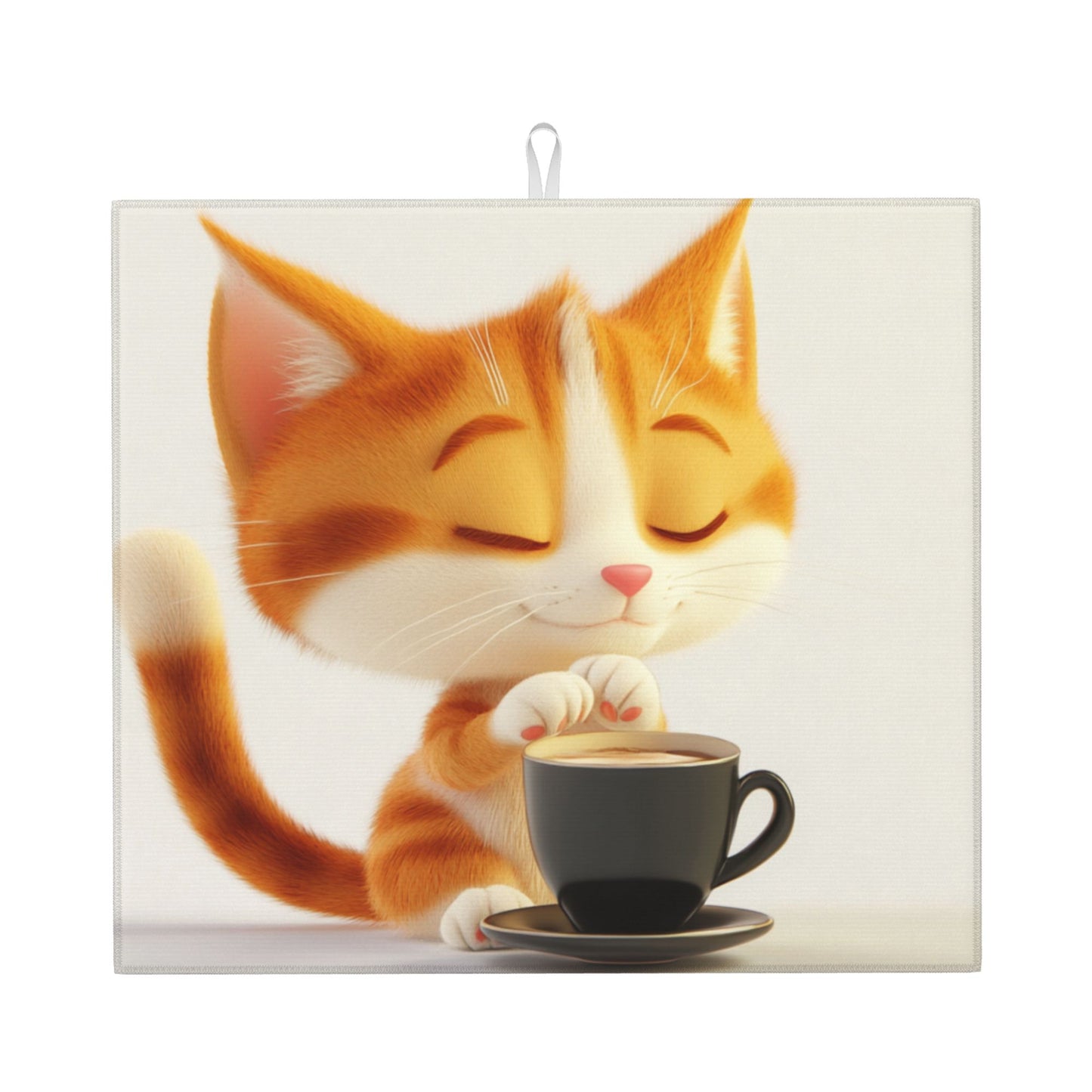 Cute Orange Cat Drinking Coffee Towel – Soft Microfiber Kitchen Cloth / Wall Hanging with Hanging Loop (16x24 in)