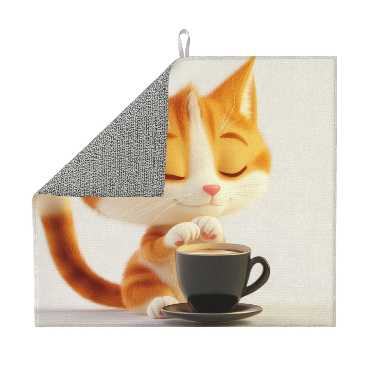 Cute Orange Cat Drinking Coffee Towel – Soft Microfiber Kitchen Cloth / Wall Hanging with Hanging Loop (16x24 in)