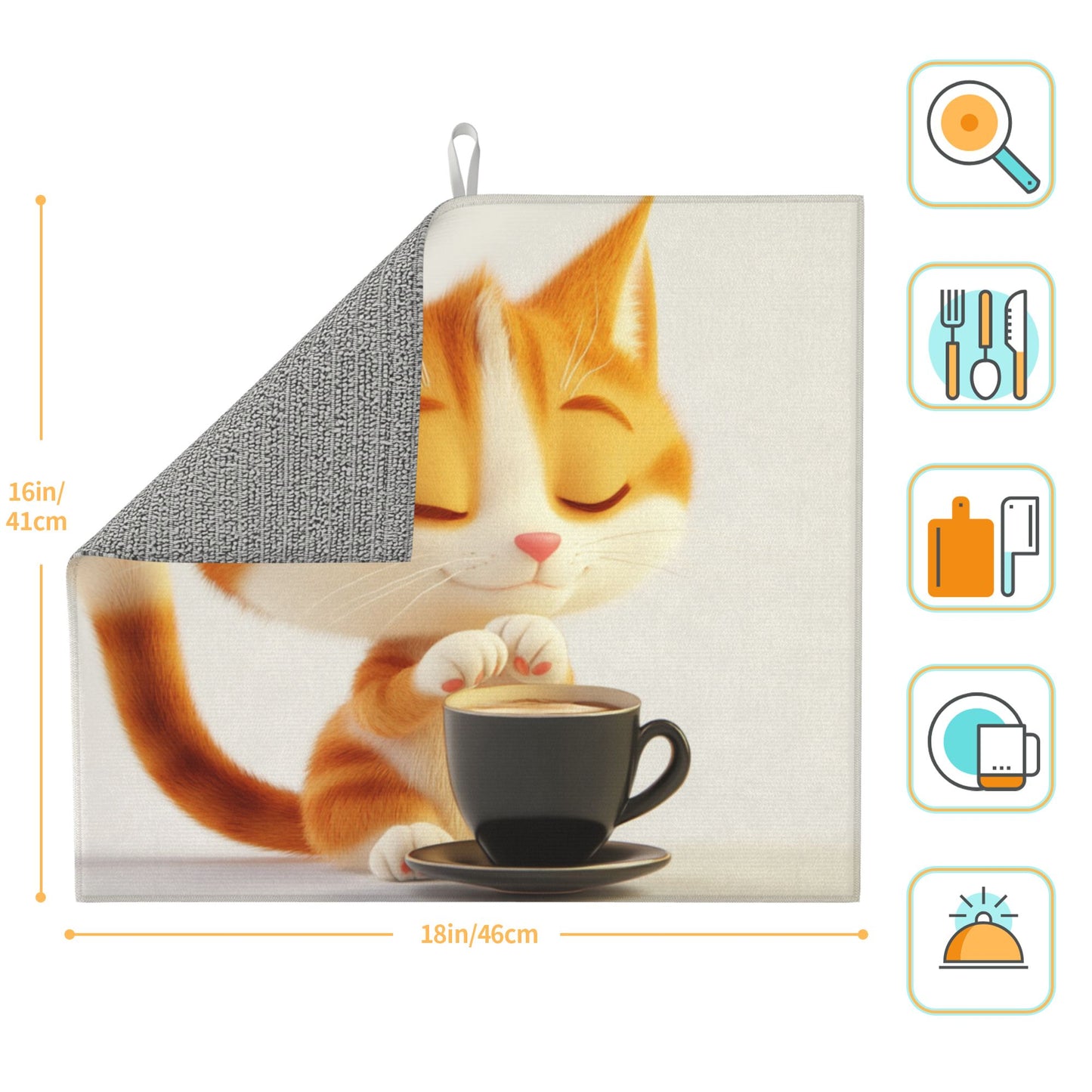 Cute Orange Cat Drinking Coffee Towel – Soft Microfiber Kitchen Cloth / Wall Hanging with Hanging Loop (16x24 in)