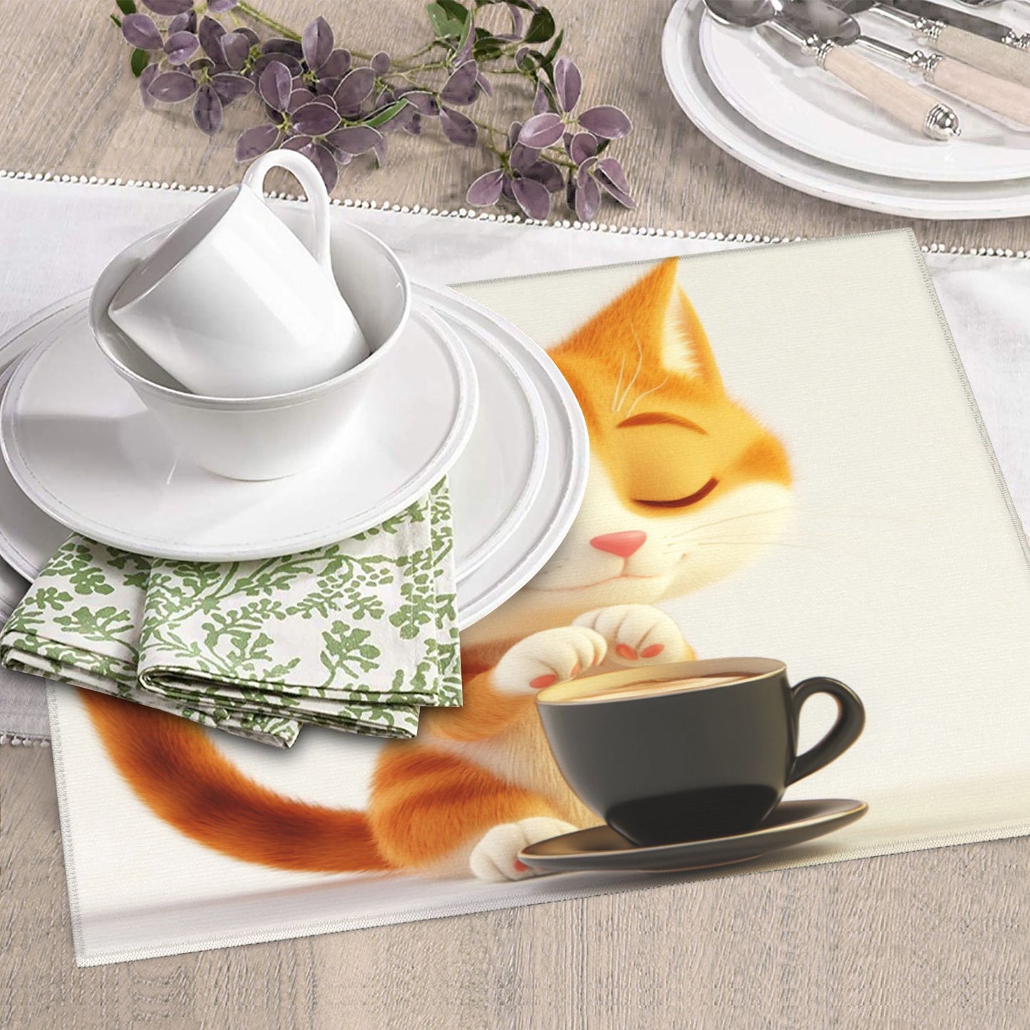Cute Orange Cat Drinking Coffee Towel – Soft Microfiber Kitchen Cloth / Wall Hanging with Hanging Loop (16x24 in)