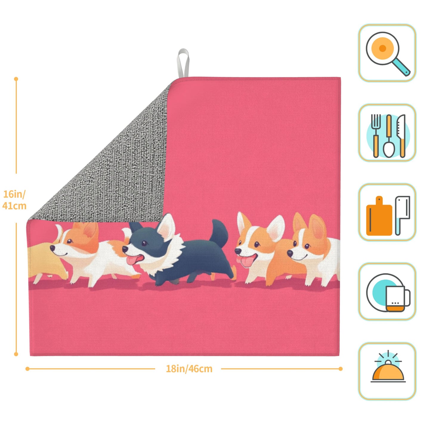 Cartoon Corgi Parade Kitchen Towel – Cute Microfiber Towel with Hanging Loop (16x24 inches)