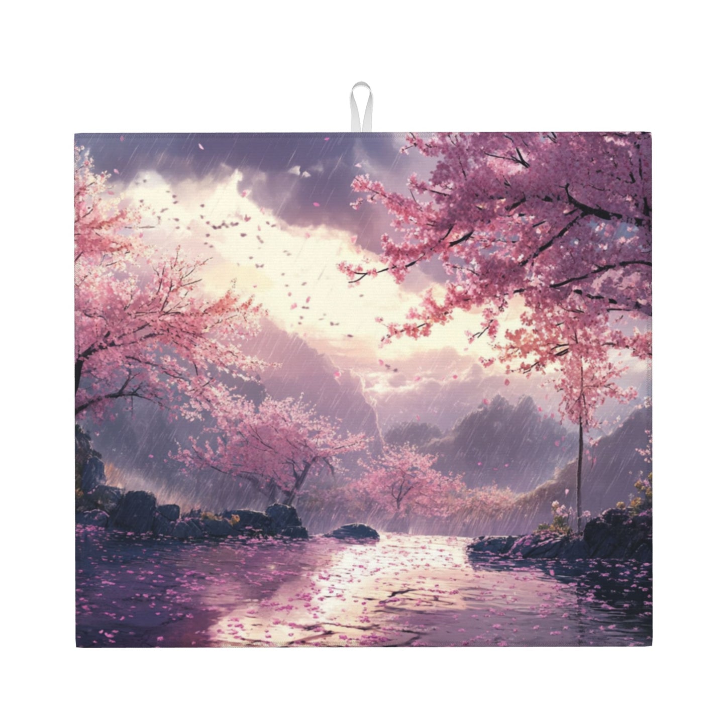 Cherry Blossom Rain Valley Microfiber Towel – Artistic Kitchen Cloth or Wall Hanging (16x24 inches)