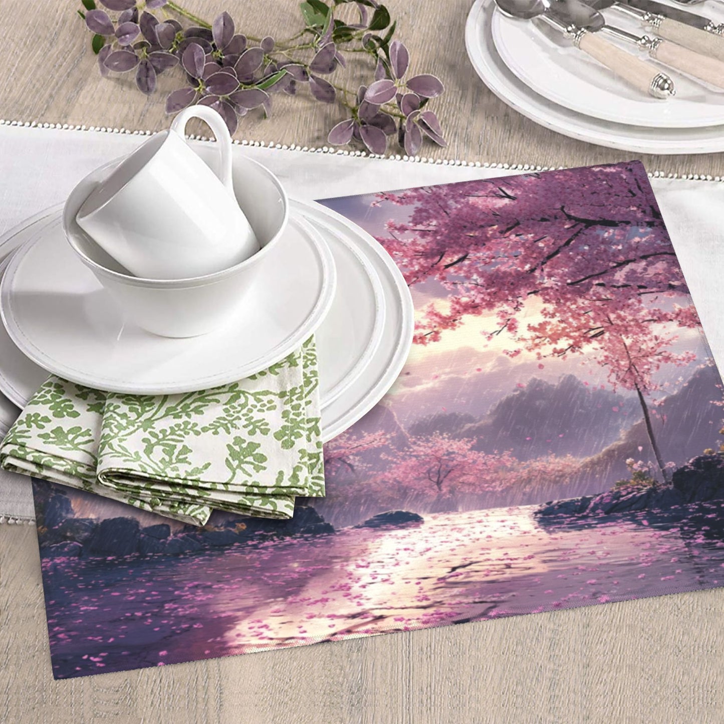 Cherry Blossom Rain Valley Microfiber Towel – Artistic Kitchen Cloth or Wall Hanging (16x24 inches)