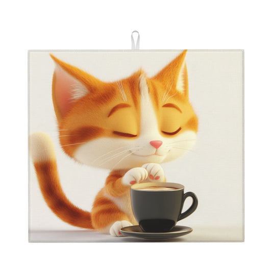 Cute Orange Cat Drinking Coffee Towel – Soft Microfiber Kitchen Cloth / Wall Hanging with Hanging Loop (16x24 in)